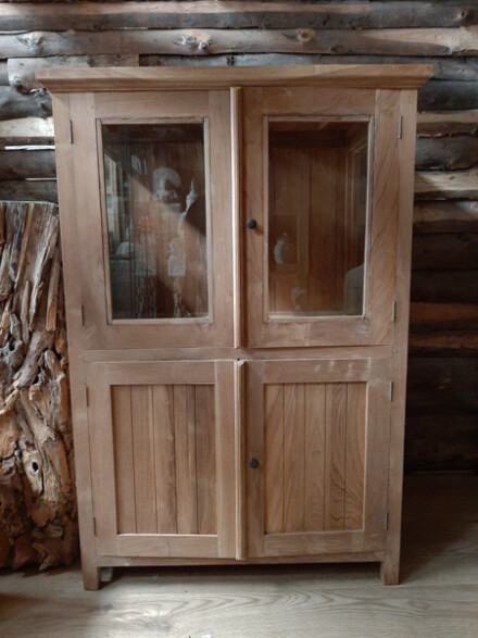 Kast, teak kast, handvervaardigde teakkast met bovenin glazen deurtjes en glazen zijwanden - ZELF AFHALEN - Afbeelding 9