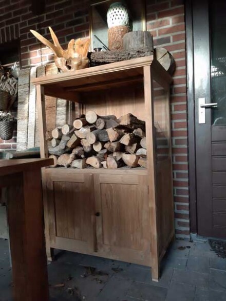 Kast, teak kast, handvervaardigde teakkast met bovenin glazen deurtjes en glazen zijwanden - ZELF AFHALEN - Afbeelding 4