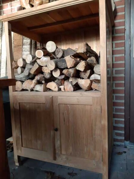 Kast, teak kast, handvervaardigde teakkast met bovenin glazen deurtjes en glazen zijwanden - ZELF AFHALEN - Afbeelding 7