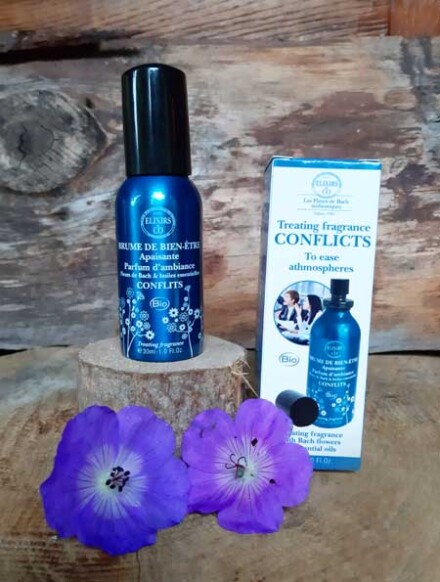 Spray conflict met bach remedies en essentiële oliën, zuivert de atmosfeer in een kamer na spanningen, conflict, ruzie, stress