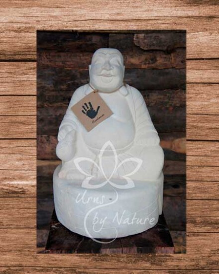 Happy geluk Boeddha urn groot - 3 liter as - handgemaakt uit steen / natuursteen, voor binnen of buiten is winterhard