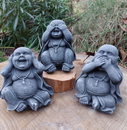 Happy geluk Boeddha's uit steen horen- zien en zwijgen, voor veel geluk voor binnen of buiten / winterhard