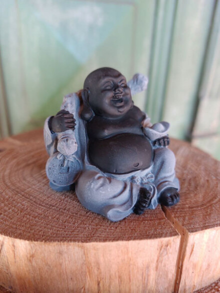 Happy Boeddha mini urn met een geluksmunt, goudklomp met juk uit steen met hematiet edelsteen / LAATSTE - Afbeelding 3