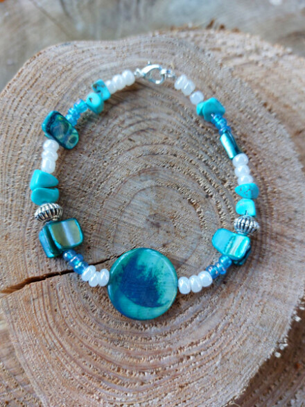 Armband met larimar met parelmoer kralen, ze opent nieuwe dimensies, verwijdert blokkades en beperkingen, heft angsten op + zakje - Afbeelding 5