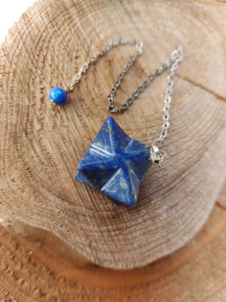 Pendel als een merkaba uit Lapis Lazuli edelsteen + werkbeschrijving + DNA korrels + satijnen zakje - Afbeelding 2