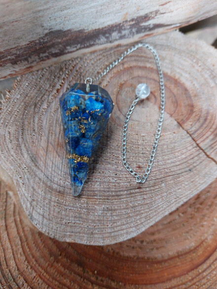 Pendel orgonite uit kunsthars met Lapis Lazuli edelsteen en koper + werkbeschrijving + brokaat zakje - Afbeelding 4