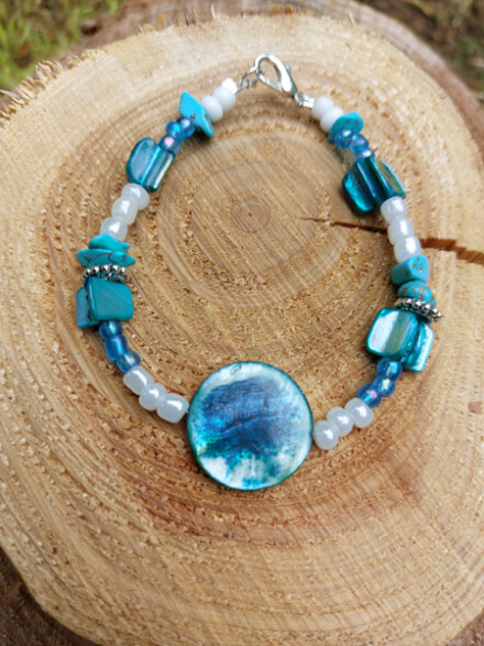 Armband met larimar met parelmoer kralen, ze opent nieuwe dimensies, verwijdert blokkades en beperkingen, heft angsten op + zakje - Afbeelding 4
