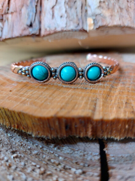 Armband met koper + 3 turquoise stenen, tegen negativiteit, tegen straling, ondersteunt pijnlijke gewrichtsklachten - Afbeelding 6