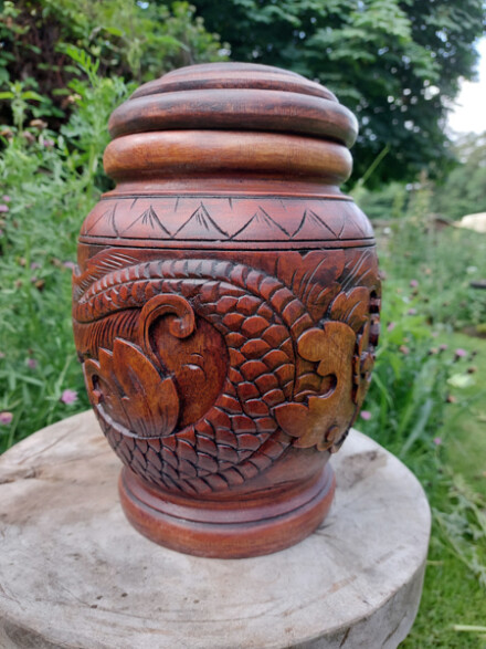 Urnpot met liefde met de hand vervaardigd met een draak met lotusbloem uit hout / LAATSTE - Afbeelding 8