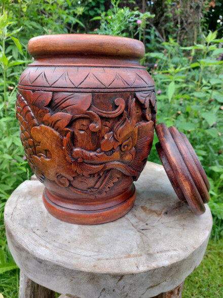 Urnpot met liefde met de hand vervaardigd met een draak met lotusbloem uit hout / LAATSTE - Afbeelding 2