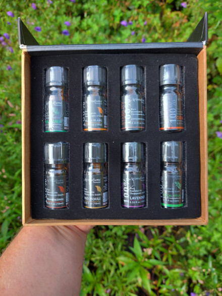 Etherische olien in mooie doos om je fijn en blij door te voelen, zuivert, verfrist, vrolijkt op, werkt kalmerend, 100 % puur natuurlijk / LAATSTE - Afbeelding 6