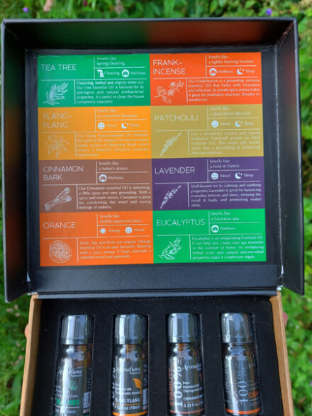 Etherische olien in mooie doos om je fijn en blij door te voelen, zuivert, verfrist, vrolijkt op, werkt kalmerend, 100 % puur natuurlijk / LAATSTE - Afbeelding 2