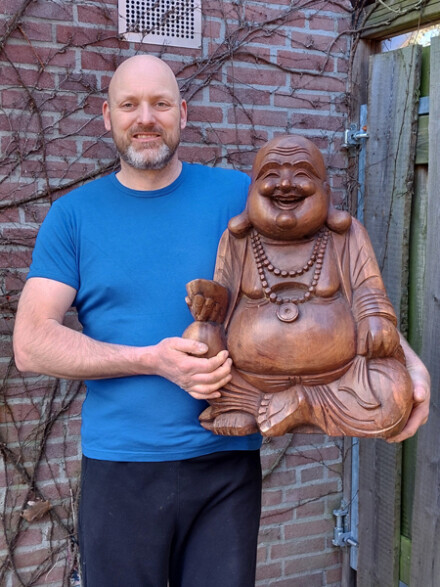 Happy geluk Boeddha urn - 3.5 / 5 liter as - ( kan als duo urn ), met liefde met de hand gesneden uit hout - Afbeelding 2