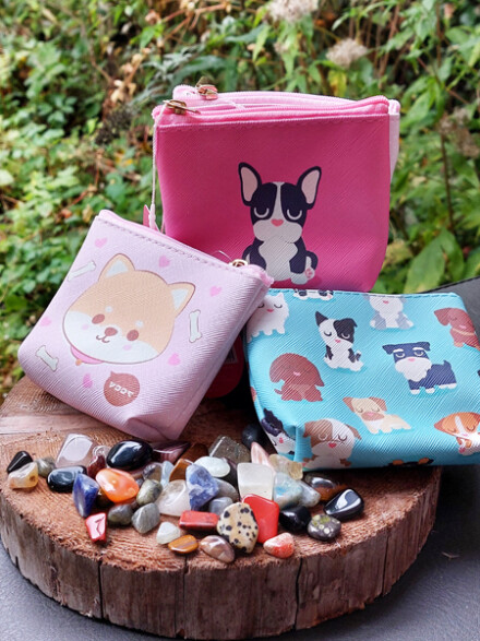 100 gram edelstenen mix met portemonnee met hondje, leuk om uit te delen, bij je te dragen + GRATIS portemonnee