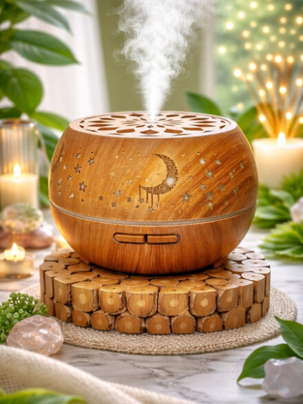 Diffuser verwerkt met sterren en manen in houtlook, een fijne huiszuiveraar, ultrasonische diffuser + GRATIS 4 flesjes essentiële olie / LAATSTE