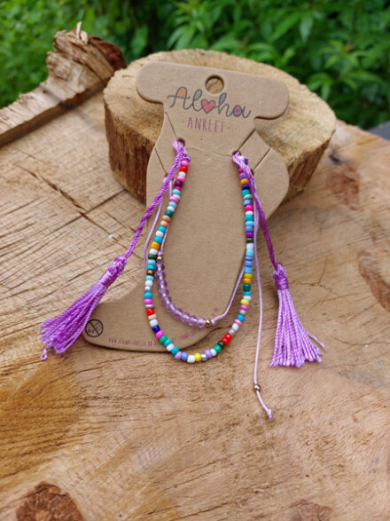 Aloha enkelbandjes set, paars met vrolijke kleuren om om je enkel te dragen voor een hippe Ibiza styl look