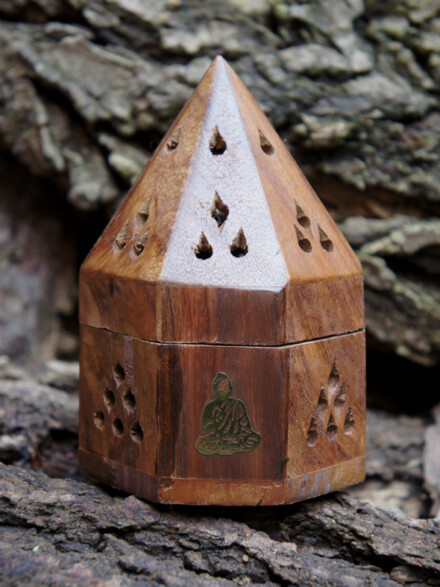 Kegel wierook brander uit hout, gemakkelijke en veilige brander ingelegd met bronzen symbolen + GRATIS 2 doosjes kegels