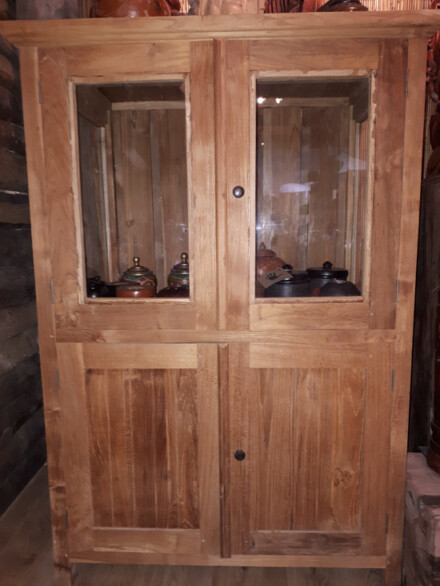 Kast, teak kast, handvervaardigde teakkast met bovenin glazen deurtjes en glazen zijwanden - ZELF AFHALEN - Afbeelding 15